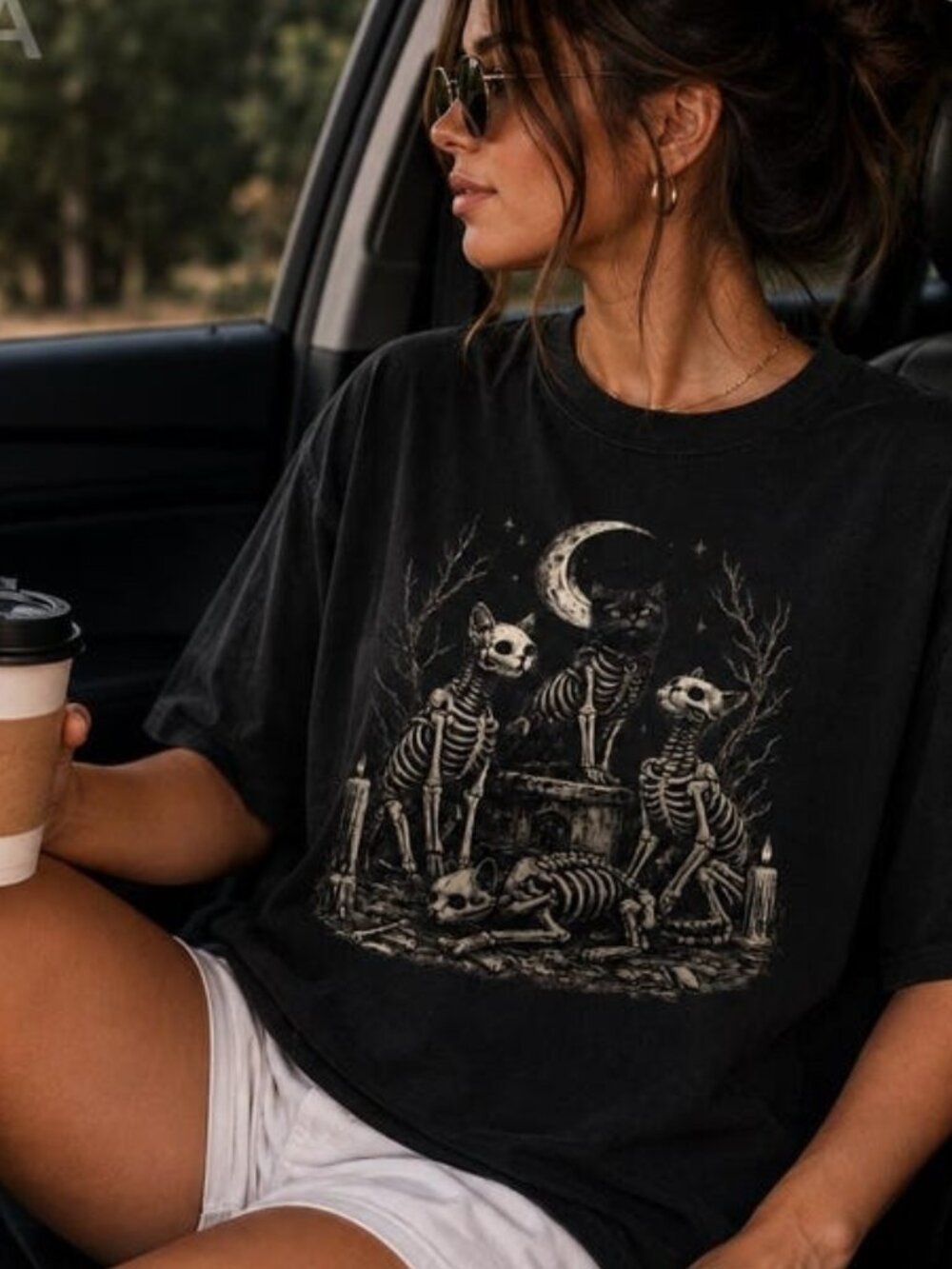 Skeleton Cat Gothic Halloween Tee